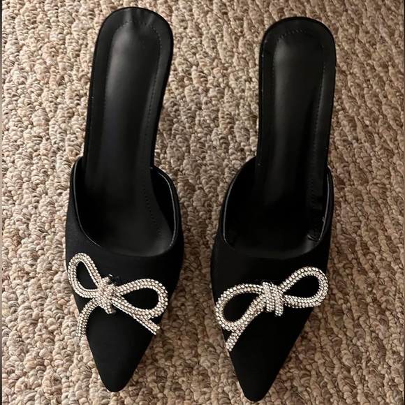 Shoes - Black Pointed Toe Mules with Rhinestone Embellishment